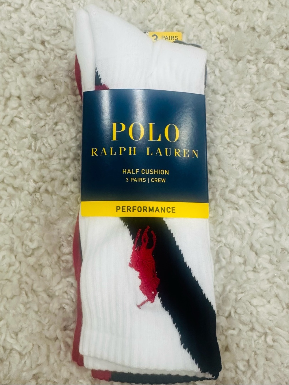 Polo Ralph Lauren 1/2 Cushion Performance Crew Men’s Socks 3 pair NWT